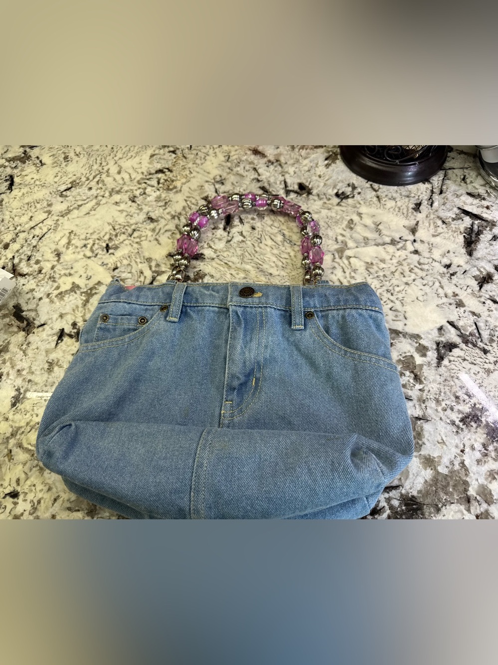 Q2 Denim jean purse with Pink Beaded Handle pink and white polkadot interior. - Picture 2 of 3